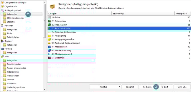 Bilden visar var man hittar objektkategorier i systeminställningarna.