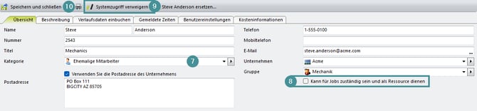 Das Bild zeigt, wie Sie die Kategorie ändern und den Systemzugriff deaktivieren.