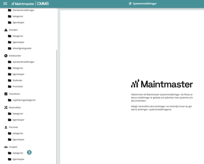 Systeminställningar CMMS 10 SWE 2