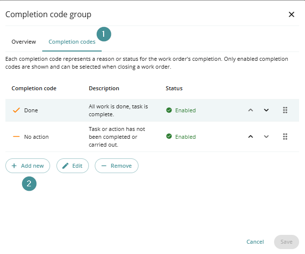 How do I manage completion code groups in Maintmaster?