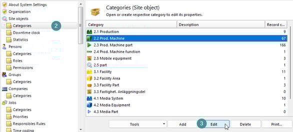 The picture shows where to find object categories in system settings.