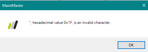 The error message “invalid character” appears in a dialog box