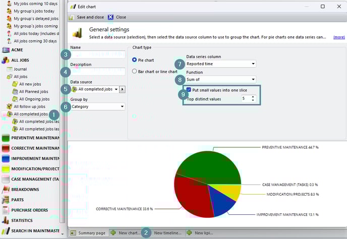 The pictures show how to set up a pie chart
