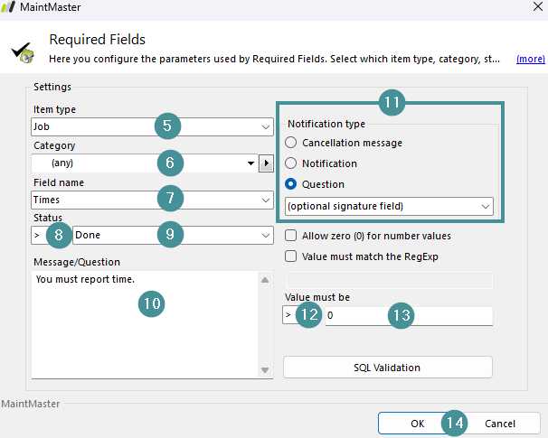 The image shows how required fields are configured.
